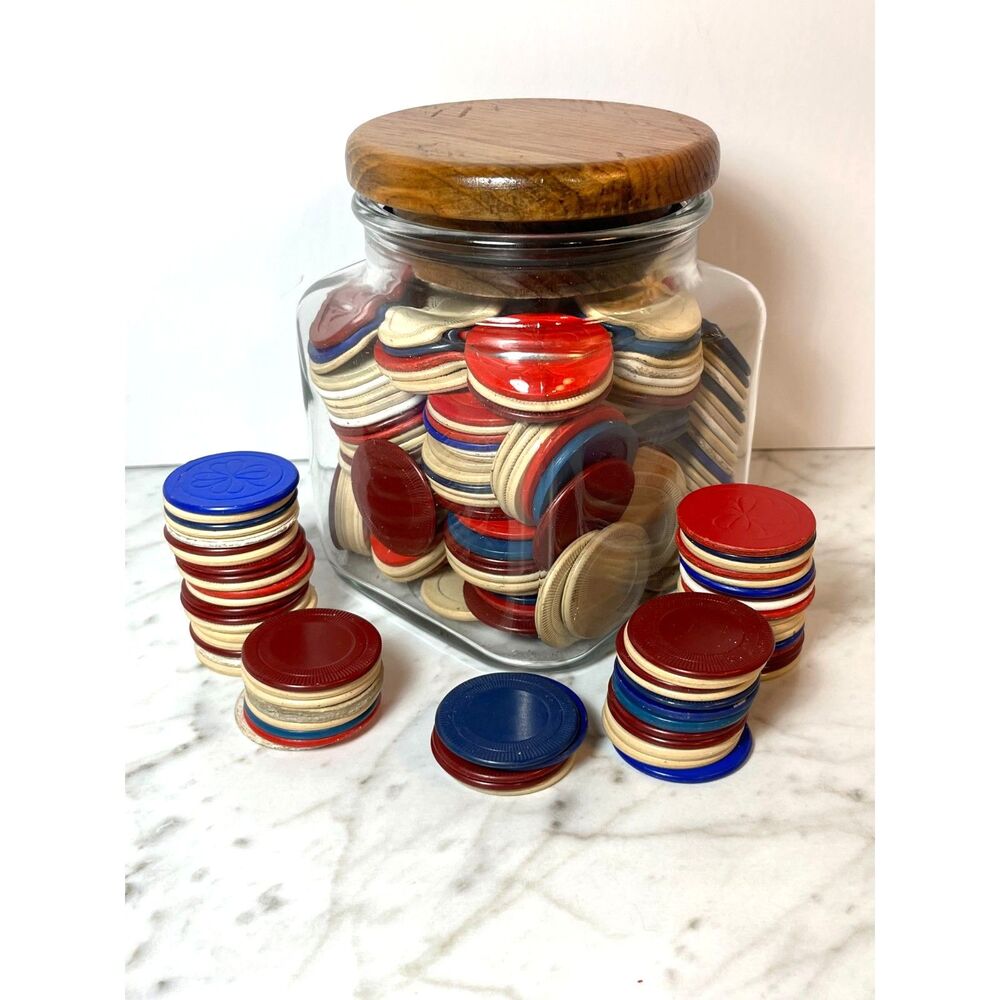 Clear Glass Square Jar Made in USA with Wooden Lid Filled With Old Poker Chips